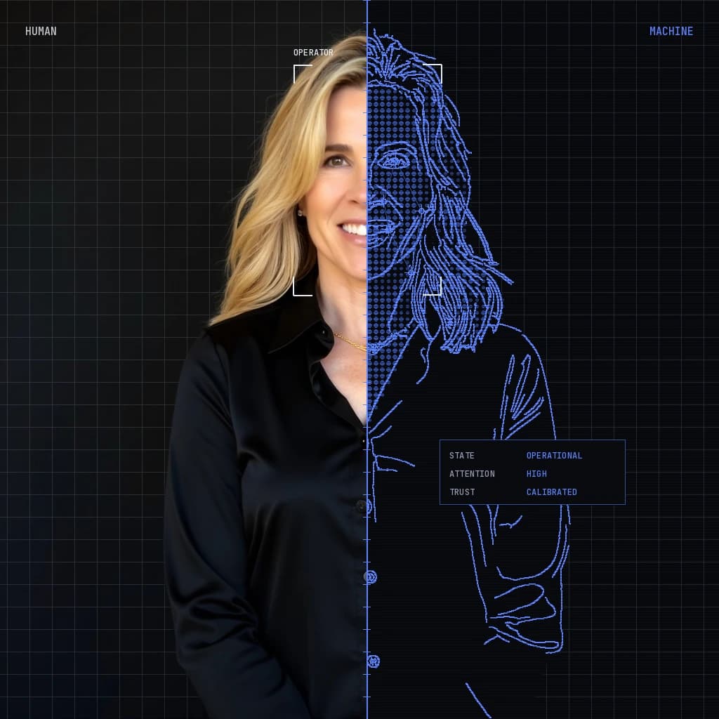 Leslie Johnson against a technical grid, the left half a photograph and the right half a machine's wireframe reading of her, labelled HUMAN and MACHINE, with a readout giving state operational, attention high, and trust calibrated.